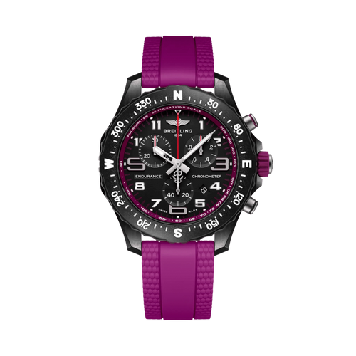 Orologio Breitling Endurance Pro 38 con cinturino viola, quadrante nero cronografo
