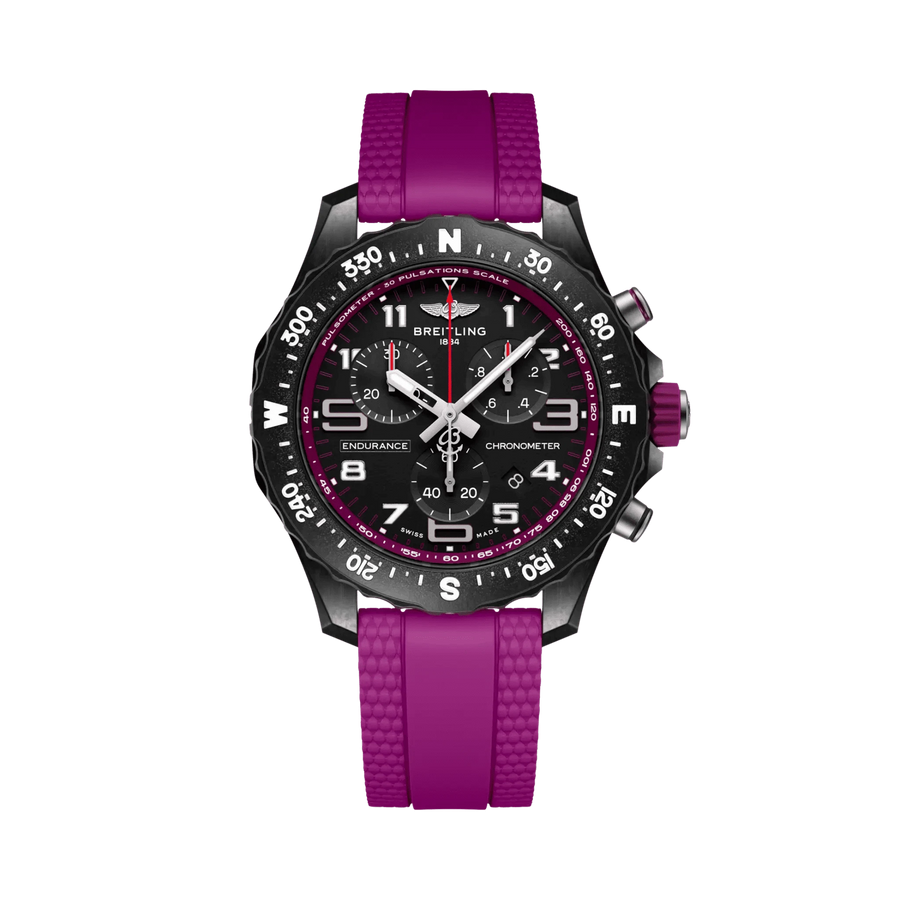 Breitling Endurance Pro 38 SuperQuartz Unisex Breitlight® Quadrante Nero Viola Cronografo COSC Vetro Zaffiro Caucciù Viola 100 m Swiss Made Ref. X83310F61B1S1