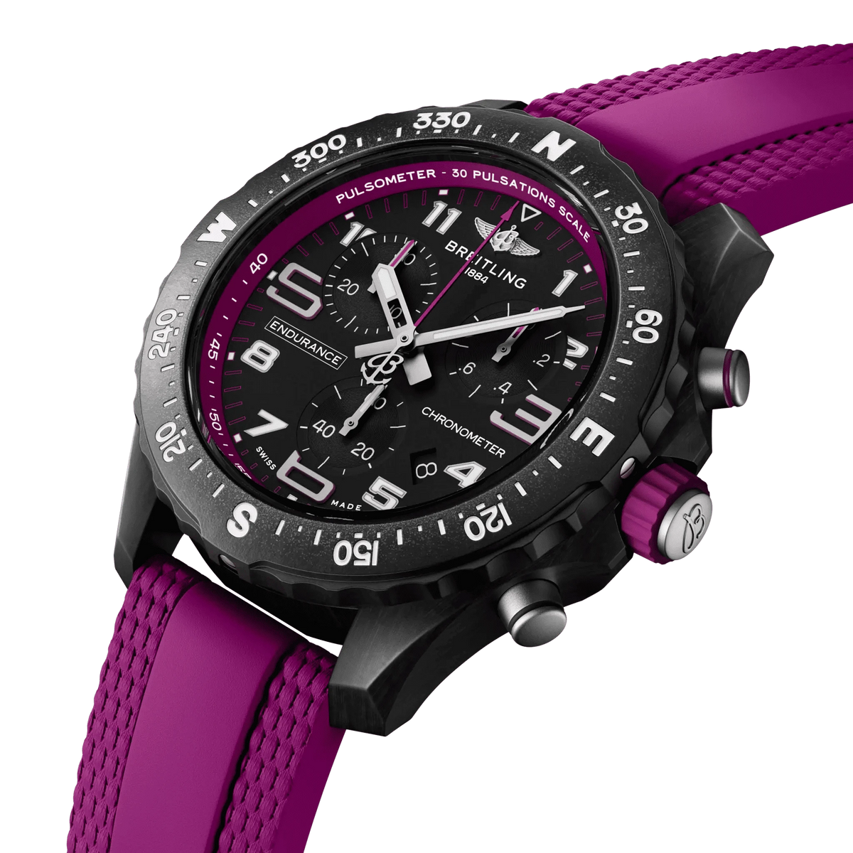 Orologio Breitling Endurance Pro 38 con quadrante nero e dettagli viola, cronografi