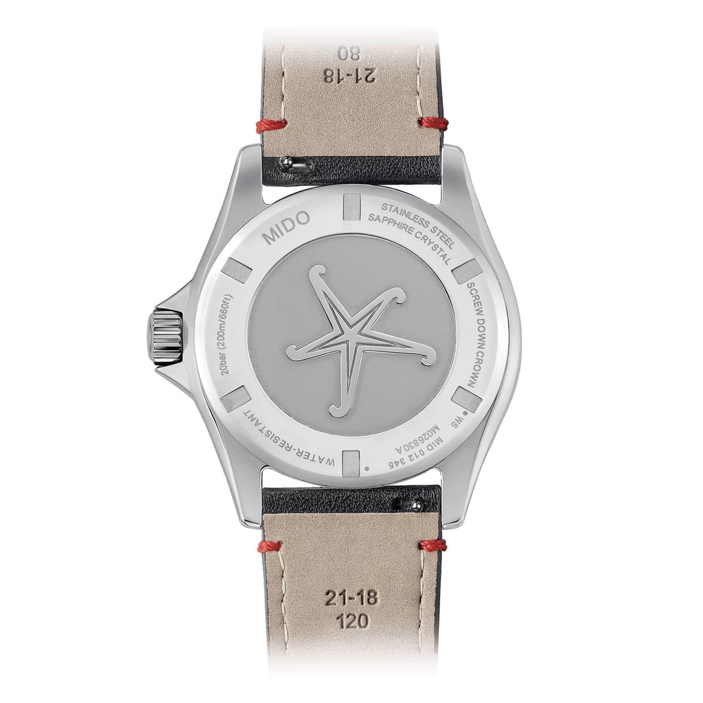 Orologio con fondello metallico e quadrante grigio, cinturino beige con dettagli rossi.