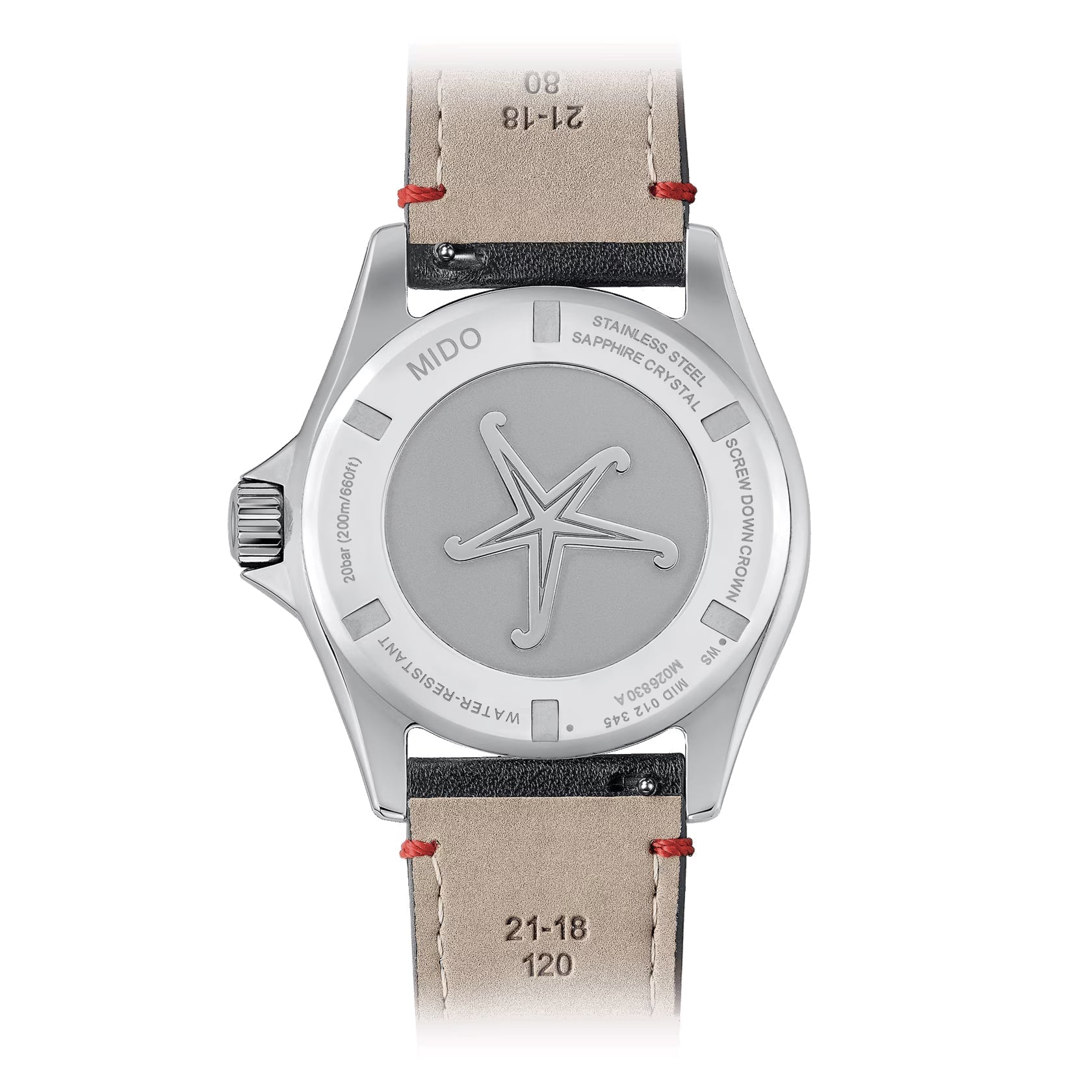 Orologio con fondello metallico e quadrante grigio, cinturino beige con dettagli rossi.