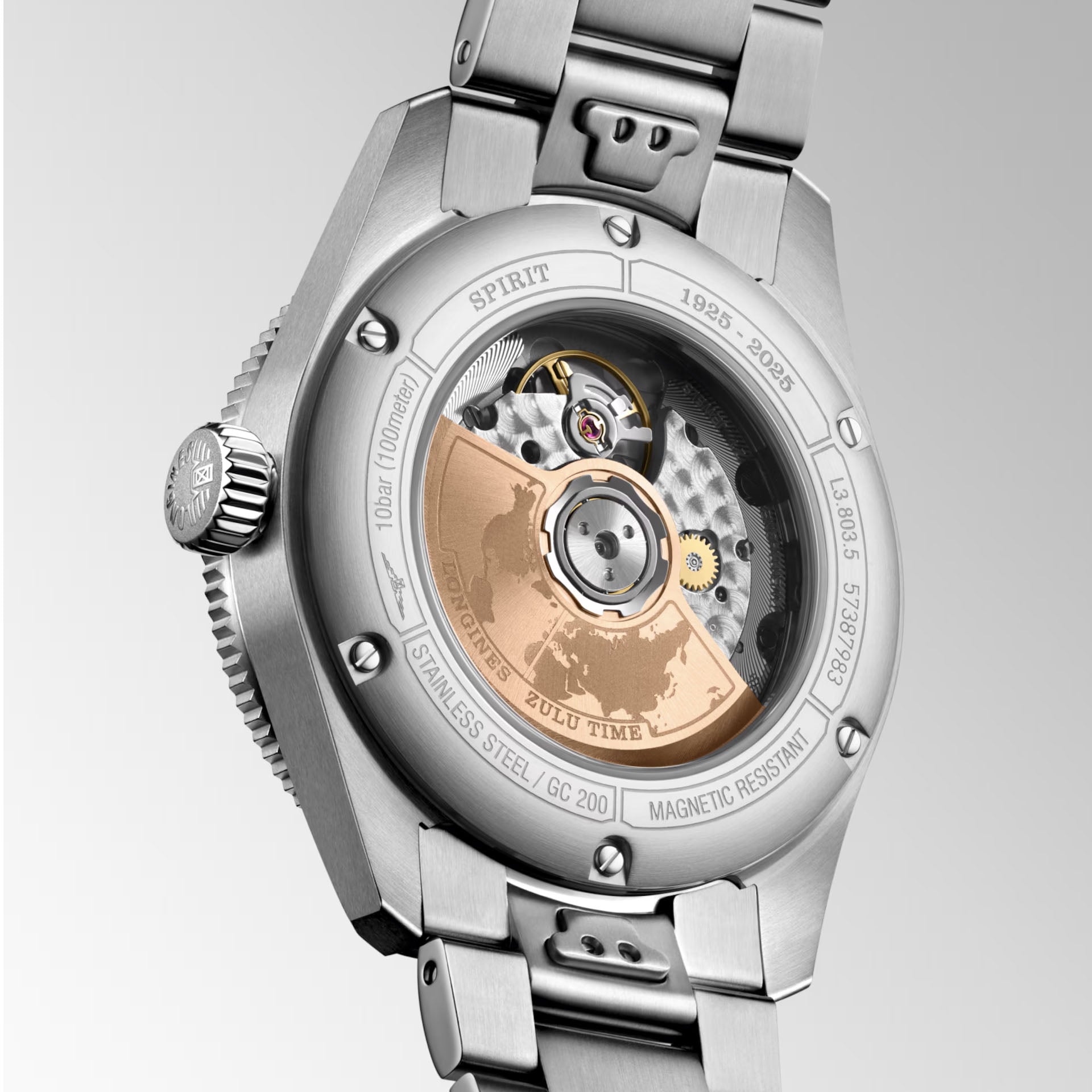 Orologio Longines con fondello a vista e cassa in acciaio, corona sul lato sinistro