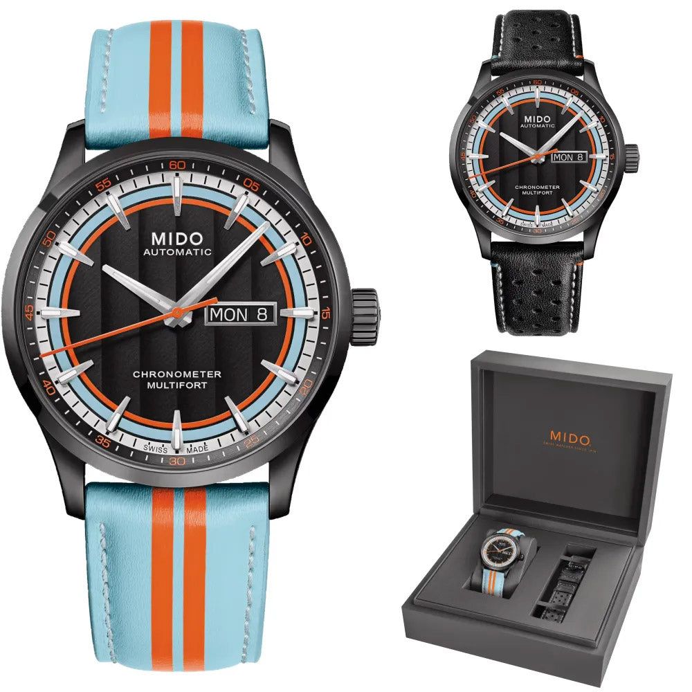 Orologio Mido con quadrante nero, cinturino azzurro a righe arancioni e cinturino nero