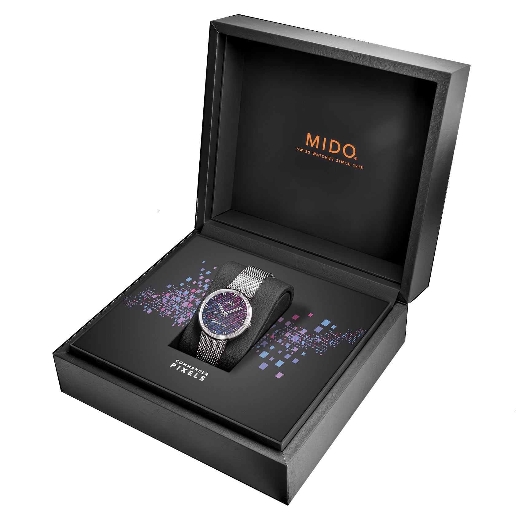 Orologio Mido nella confezione aperta, quadrante viola e bracciale in maglia d’acciaio