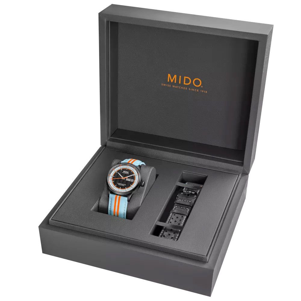Set orologio Mido in scatola con orologio e cinturini nero e azzurro a righe